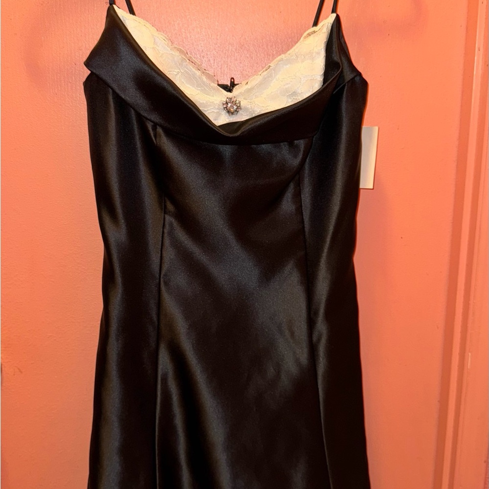 Elegant Black Satin Dress with Lace Detail